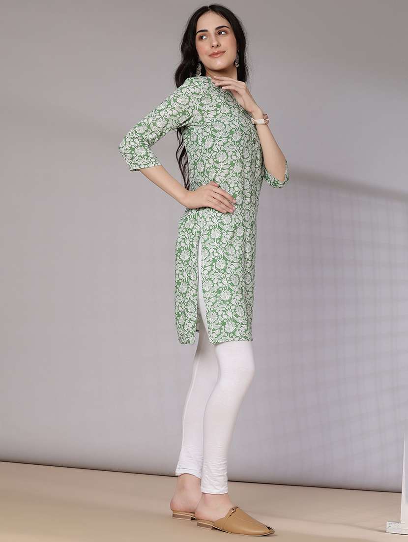 women floral printed three quarter sleeve straight kurta - 21959015 -  Standard Image - 2