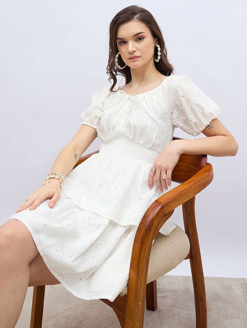 women white puff sleeve layered schiffli dress