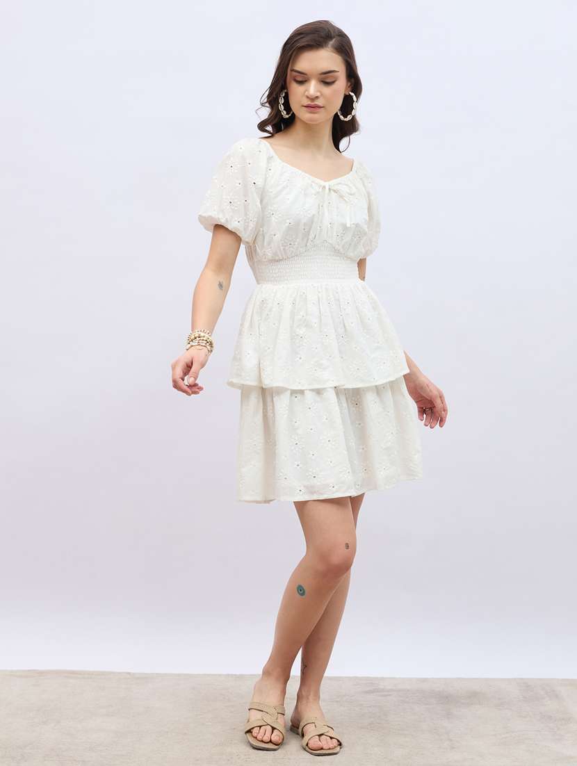 women white puff sleeve layered schiffli dress - 21959227 -  Standard Image - 2
