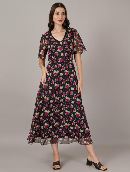 women floral print flared sleeve fit & flare dress - 21959233 - Standard Image - 0