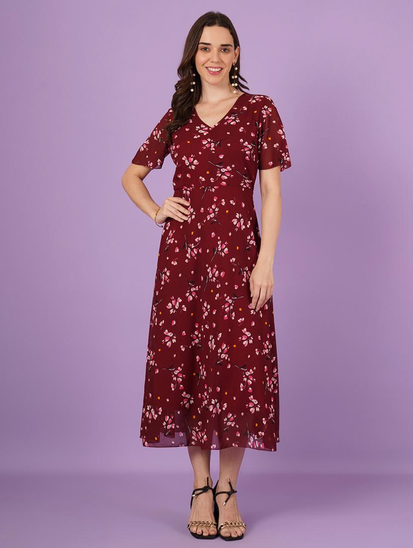 women floral print puff sleeve fit & flared dress - 21959257 - Standard Image - 2