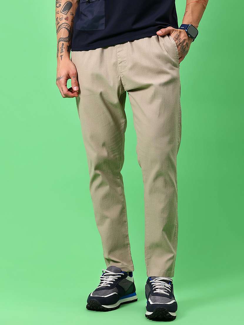 men solid mid rise flat front casual chinos 