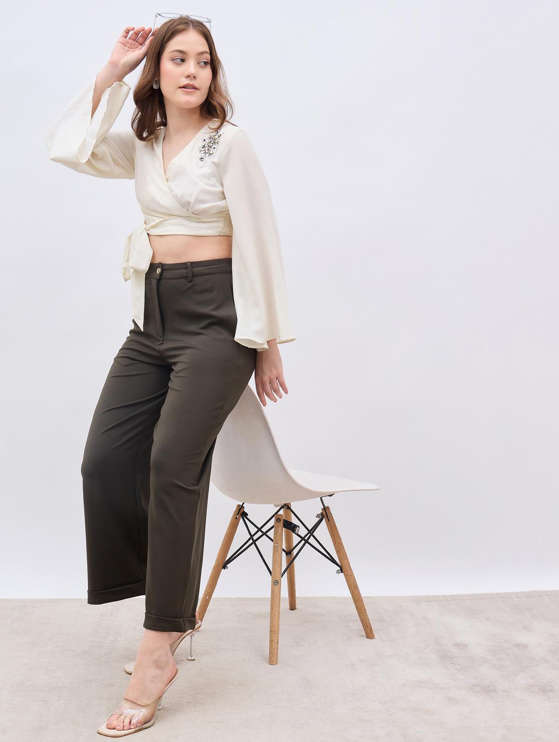 women olive solid wide leg trouser - 21959361 - Standard Image - 2