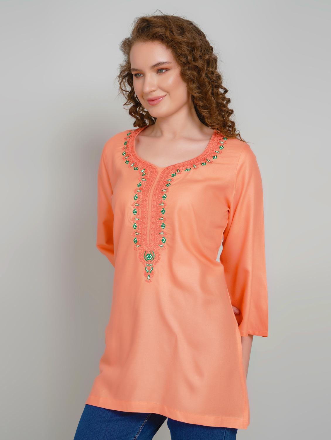women embroidered three quarter sleeve straight kurti - 21959372 - Standard Image - 2