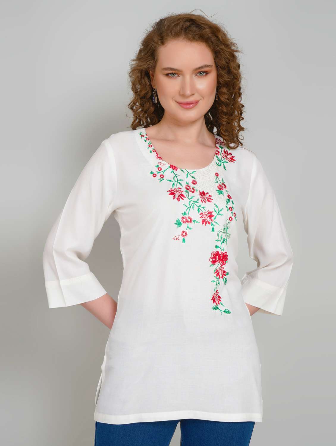 women embroidered three quarter sleeve straight kurti