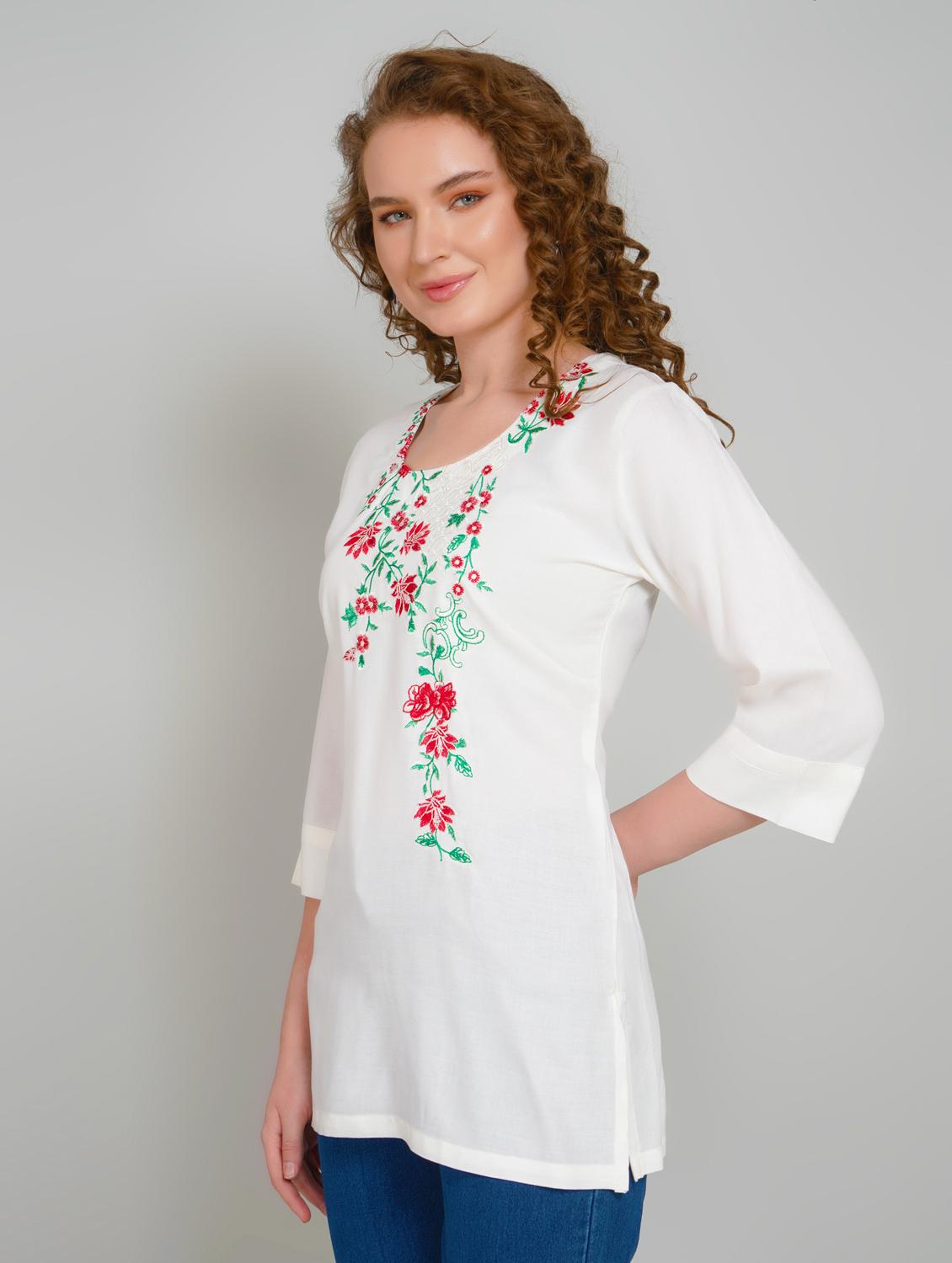 women embroidered three quarter sleeve straight kurti - 21959373 - Standard Image - 2