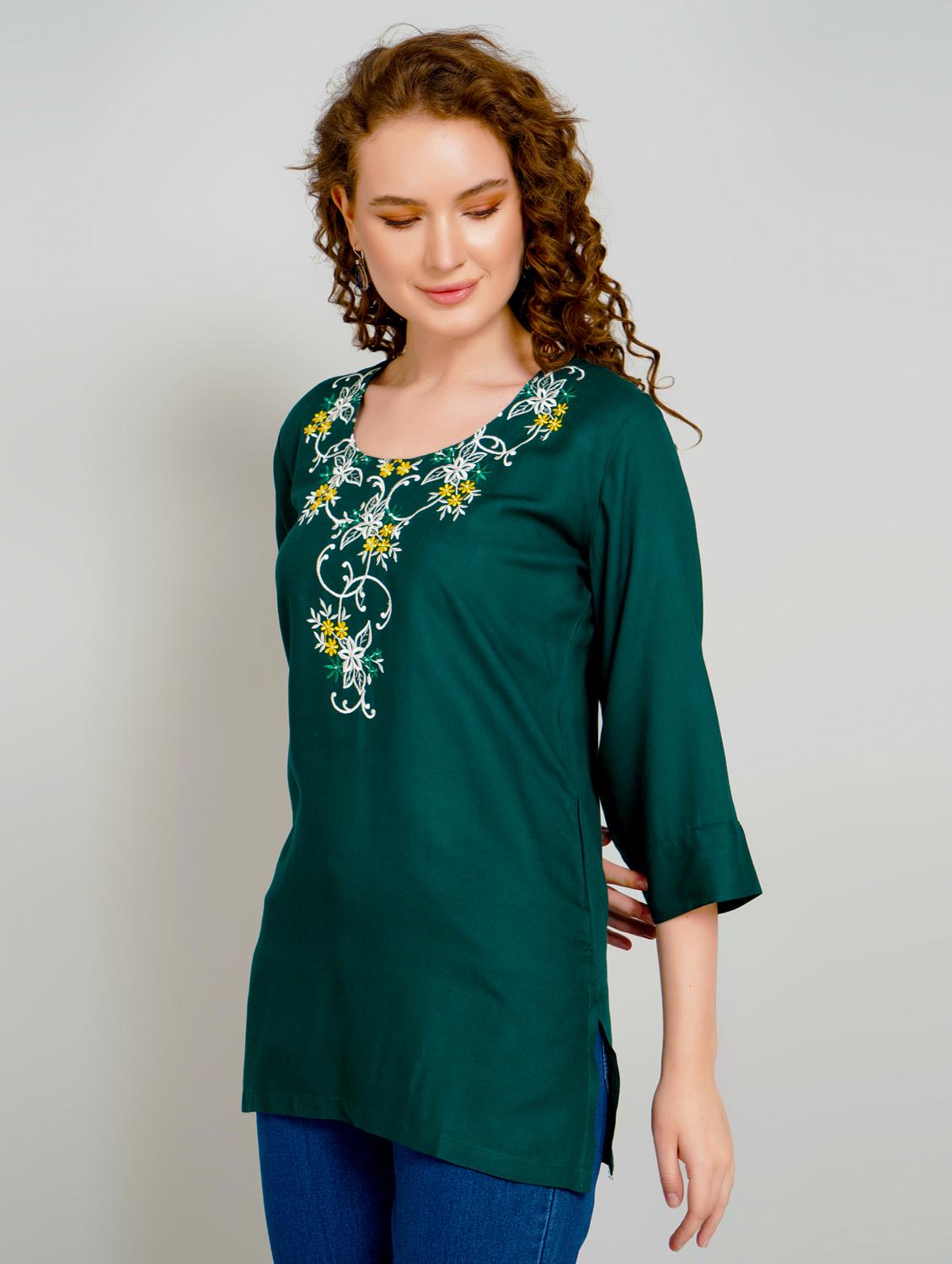 women embroidered three quarter sleeve straight kurti - 21959374 - Standard Image - 2