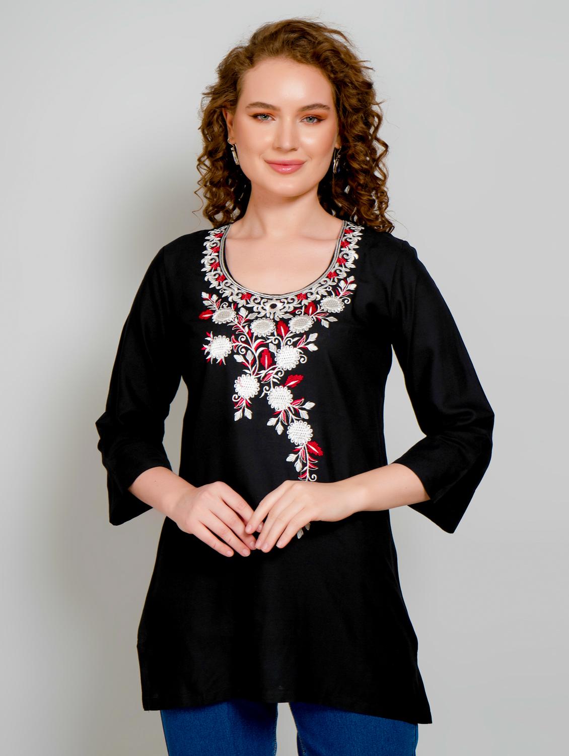 women embroidered three quarter sleeve straight kurti