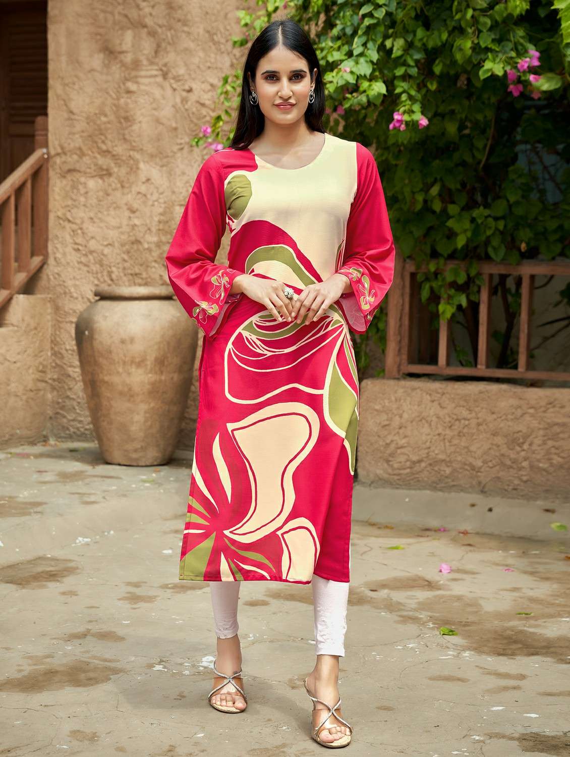 women printed long sleeve straight kurta