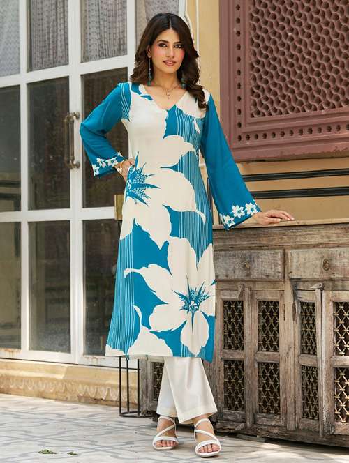 women floral printed long sleeve straight kurta - 21959419 - Standard Image - 0