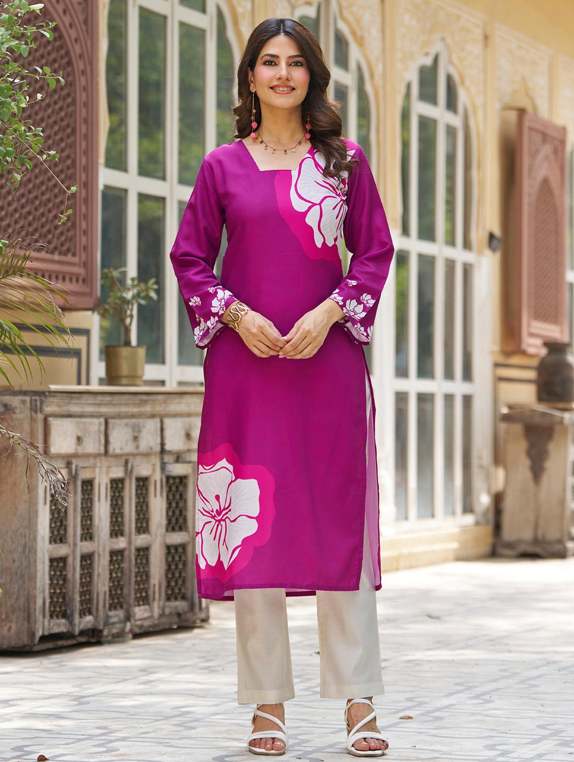 women floral printed long sleeve straight kurta - 21959421 - Zoom Image - 0