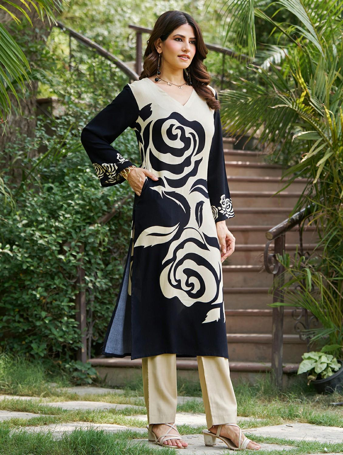 women floral printed long sleeve straight kurta - 21959423 - Standard Image - 2