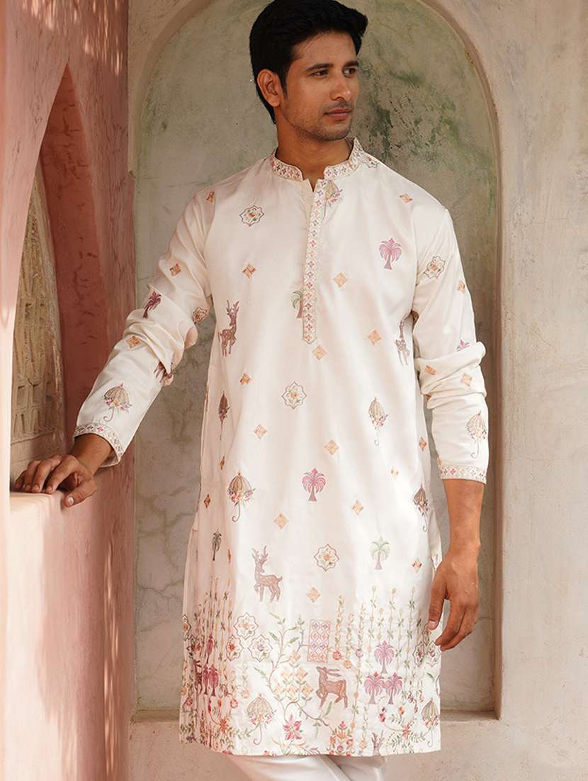 men embroidered mandarin neck long kurta