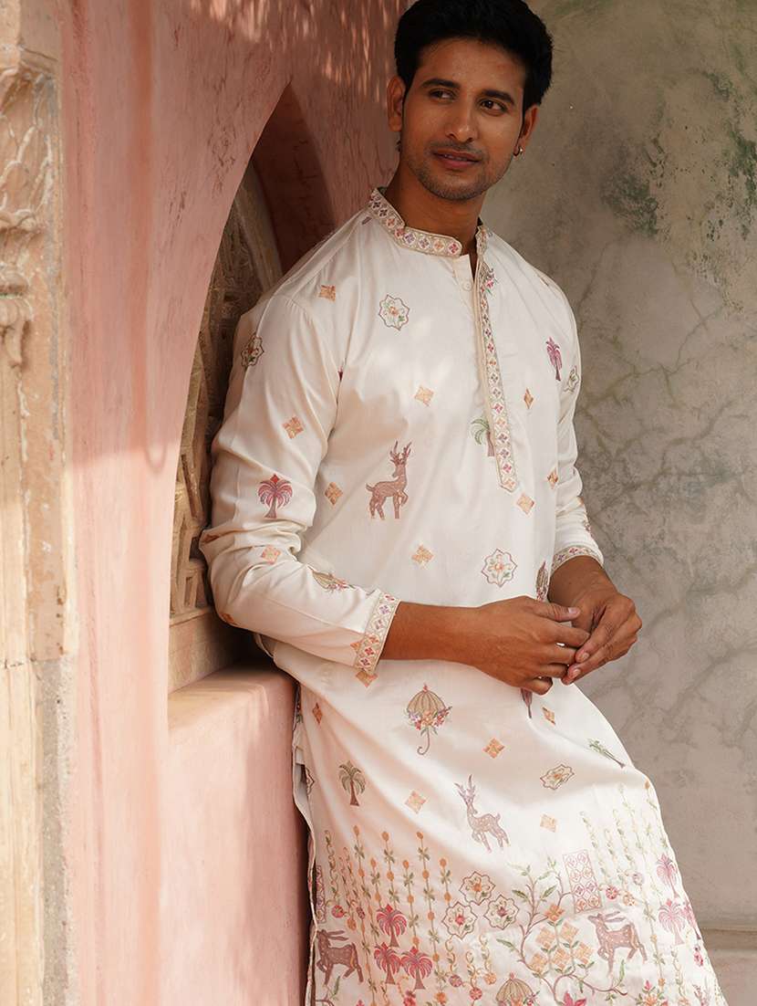 men embroidered mandarin neck long kurta - 21959432 -  Standard Image - 2