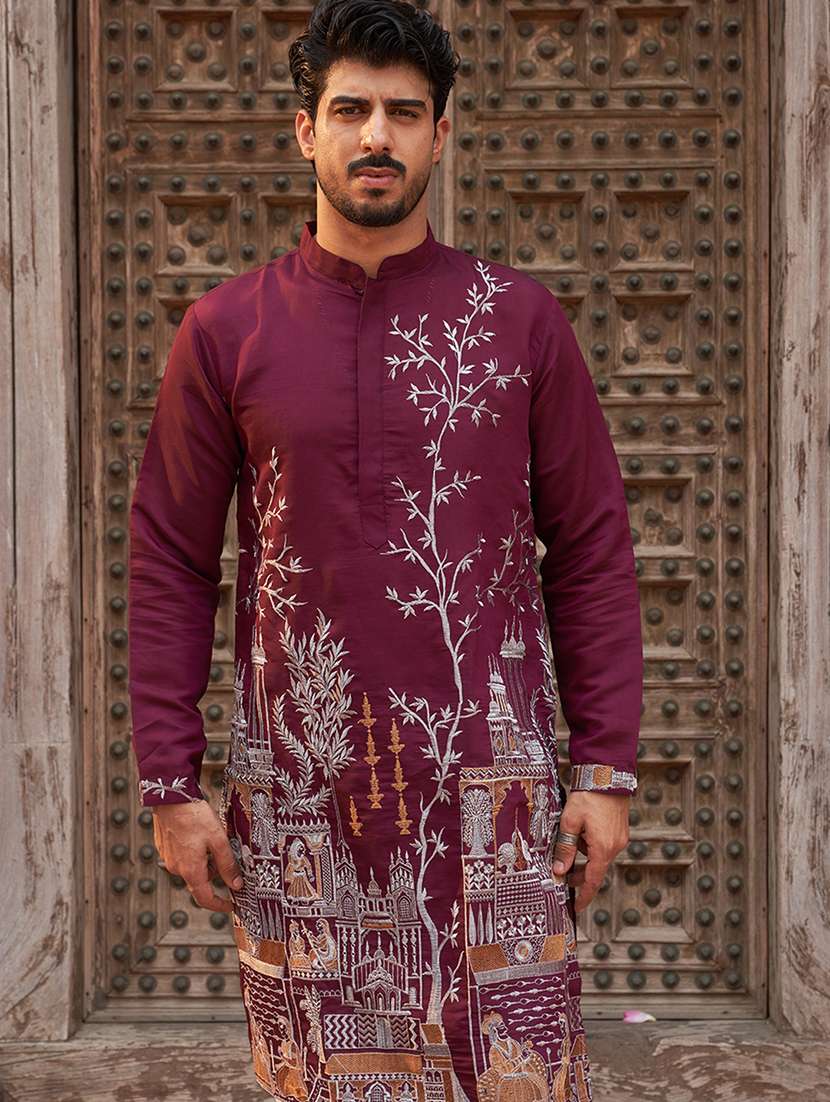 men embroidered mandarin neck long kurta