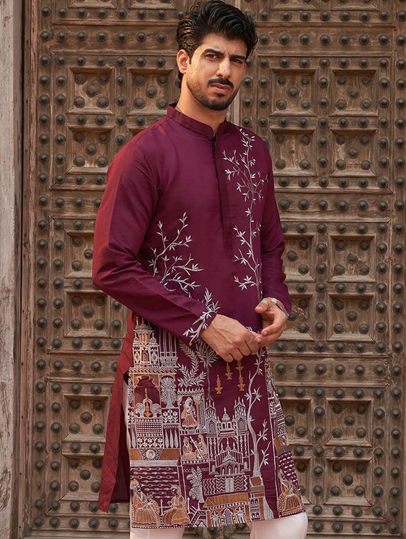 men embroidered mandarin neck long kurta - 21959435 - Standard Image - 2
