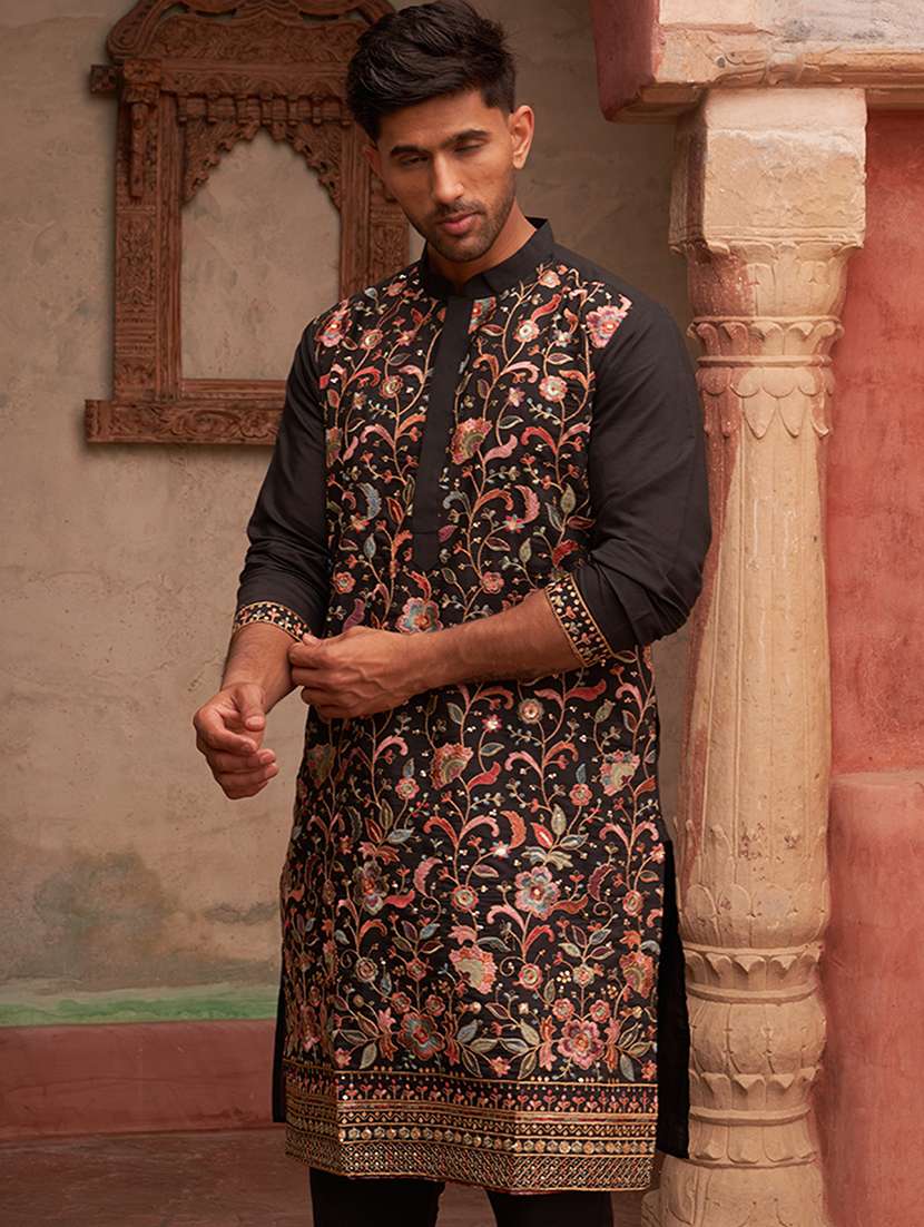 men embroidered mandarin neck long kurta - 21959438 - Standard Image - 2