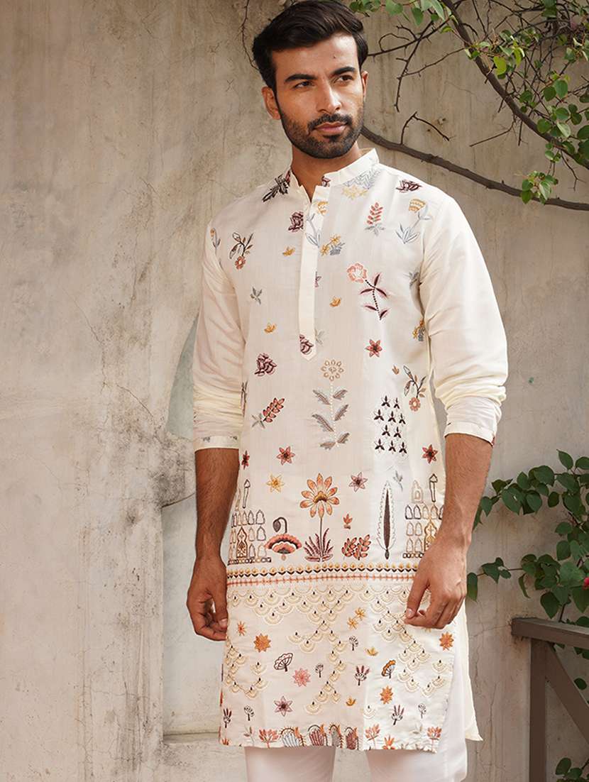 men embroidered mandarin neck long kurta
