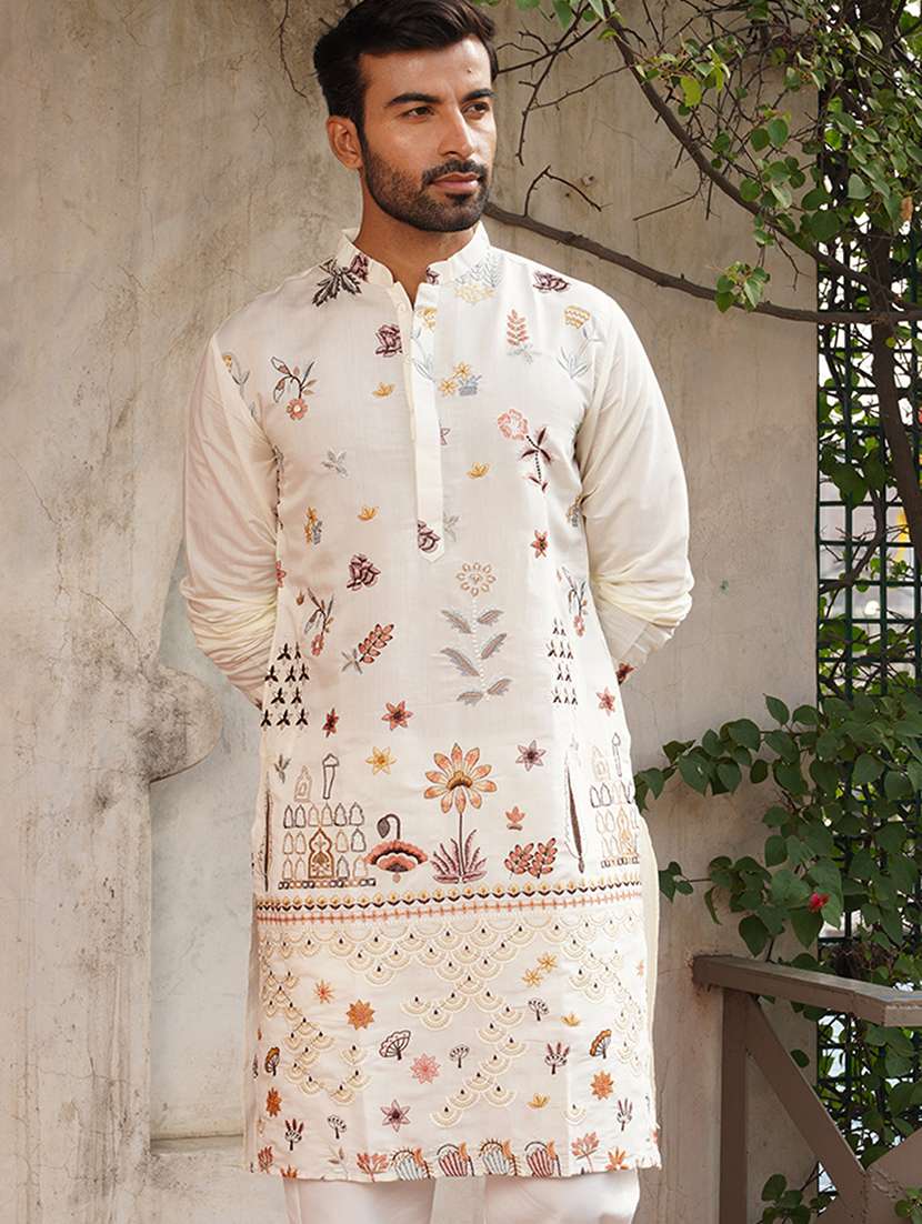 men embroidered mandarin neck long kurta - 21959440 - Standard Image - 2