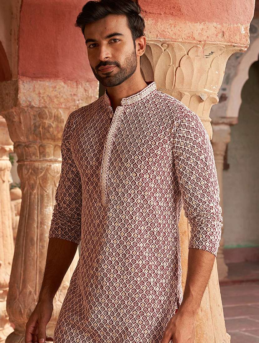 men embroidered mandarin neck long kurta - 21959443 -  Standard Image - 2