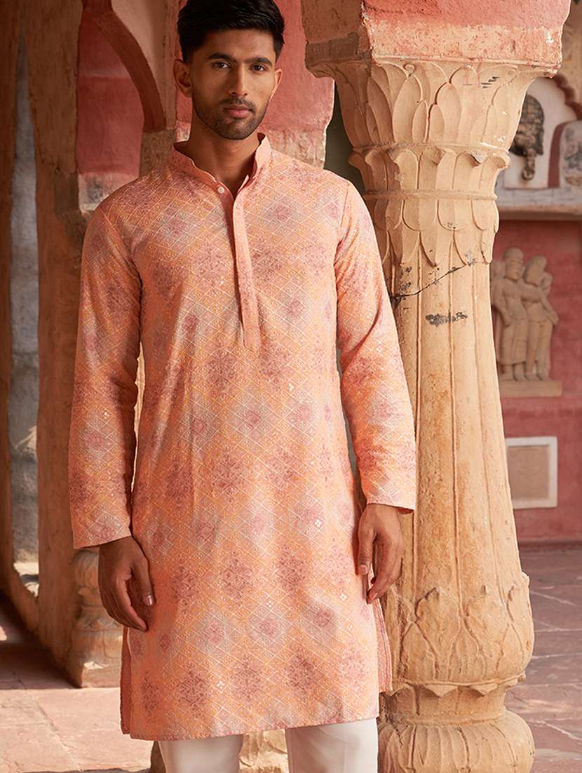 men embroidered mandarin neck long kurta