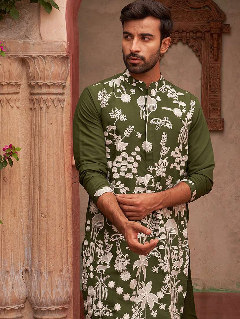men embroidered mandarin neck long kurta - 21959445 - Standard Image - 2