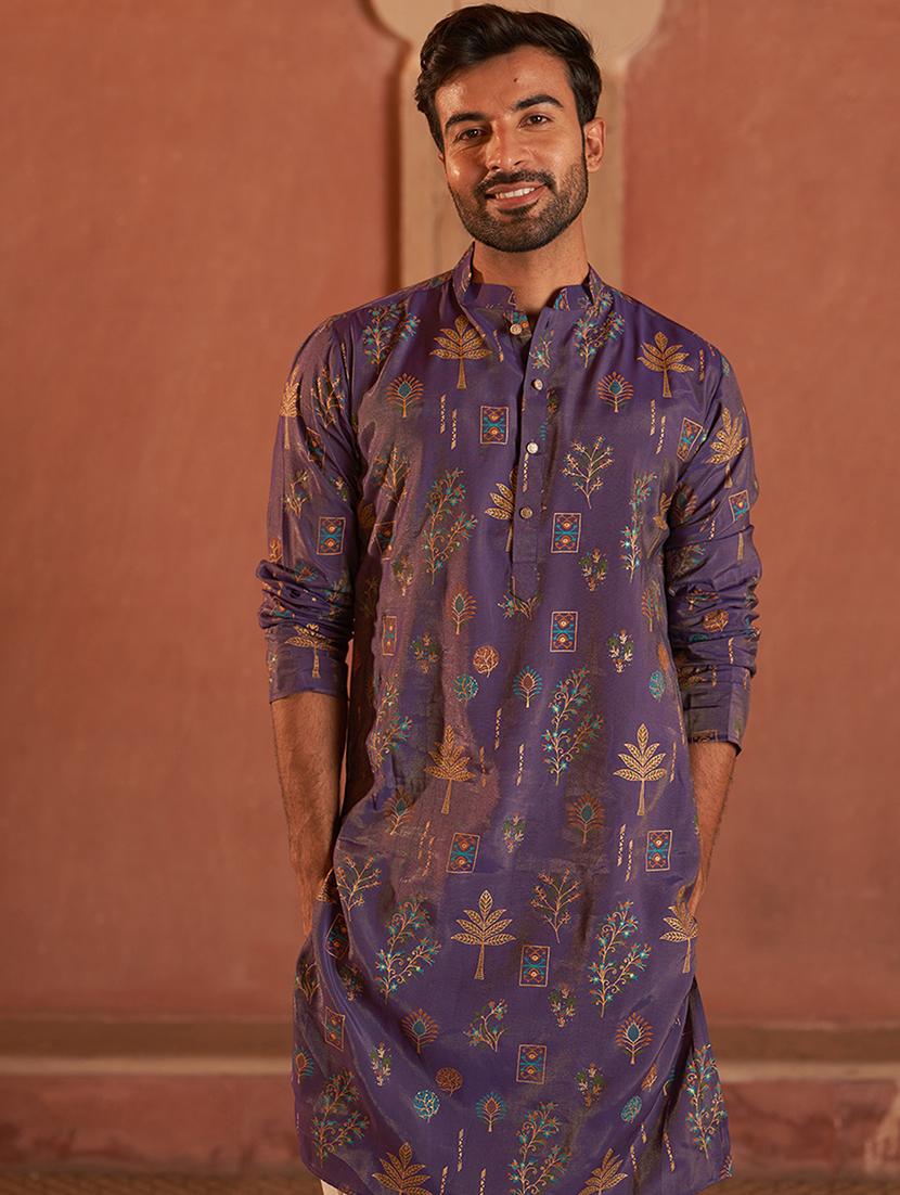 men embroidered mandarin neck long kurta