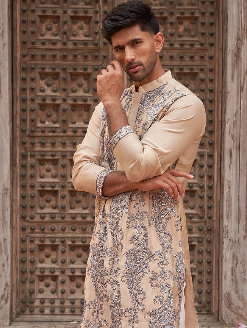 men embroidered mandarin neck long kurta - 21959450 - Standard Image - 2