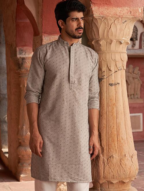 men embroidered mandarin neck long kurta - 21959451 - Standard Image - 0