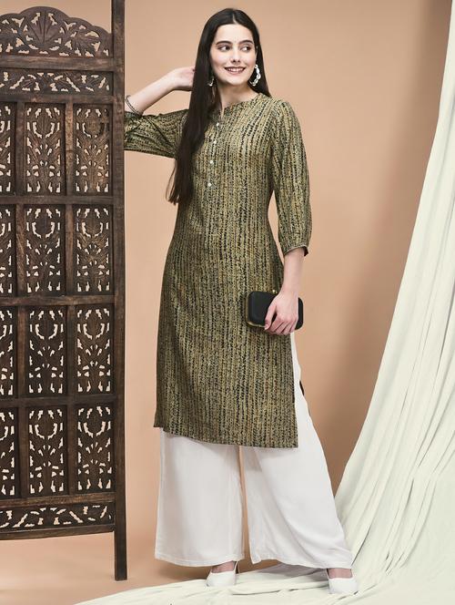 women printed three quarter sleeve straight kurta - 21959489 -  Standard Image - 0