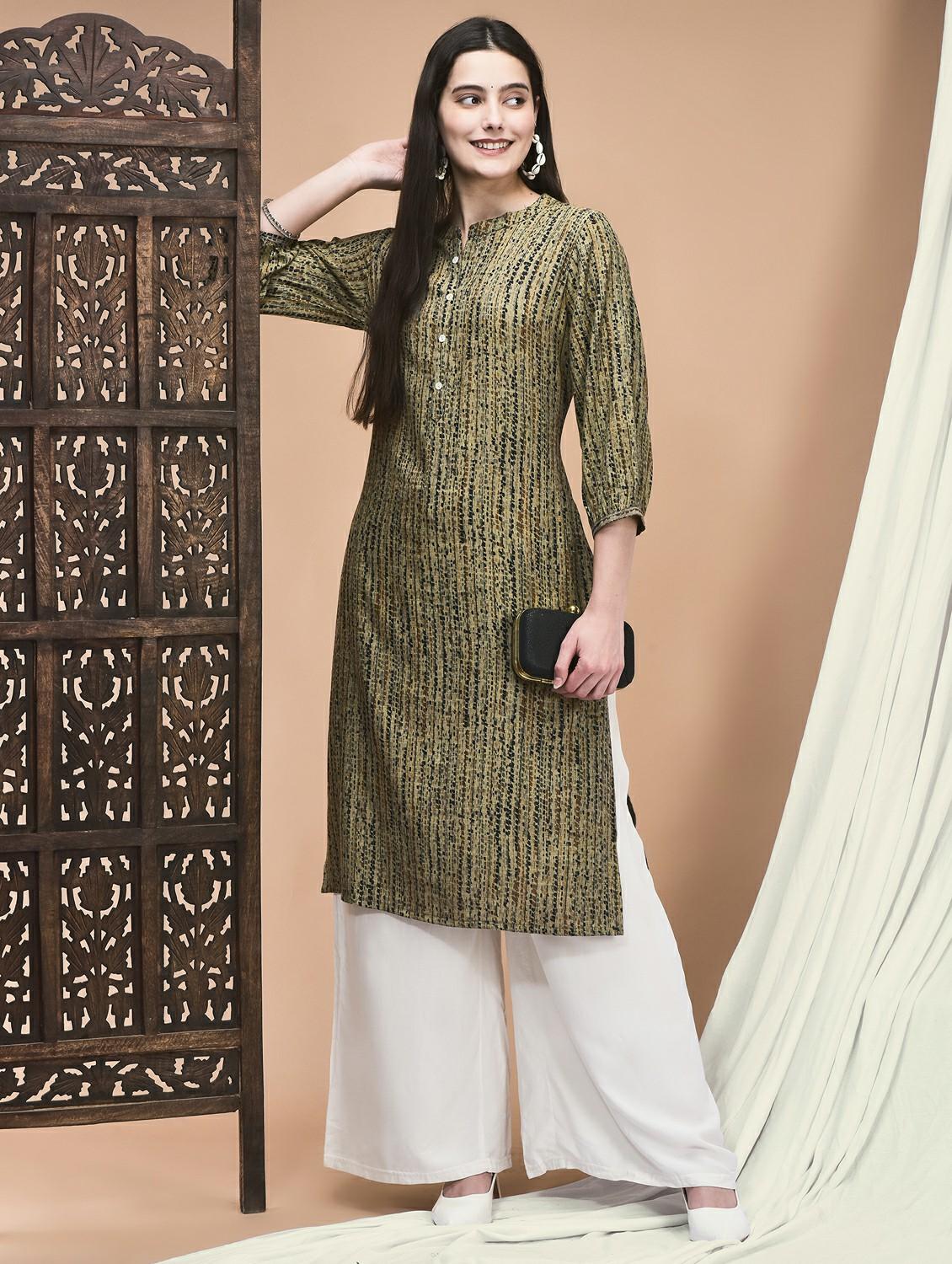 women printed three quarter sleeve straight kurta - 21959489 -  Zoom Image - 0