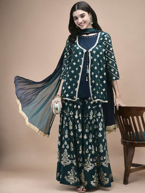 women three quarter sleeve kurta sharara with dupatta set - 21959510 -  Standard Image - 0