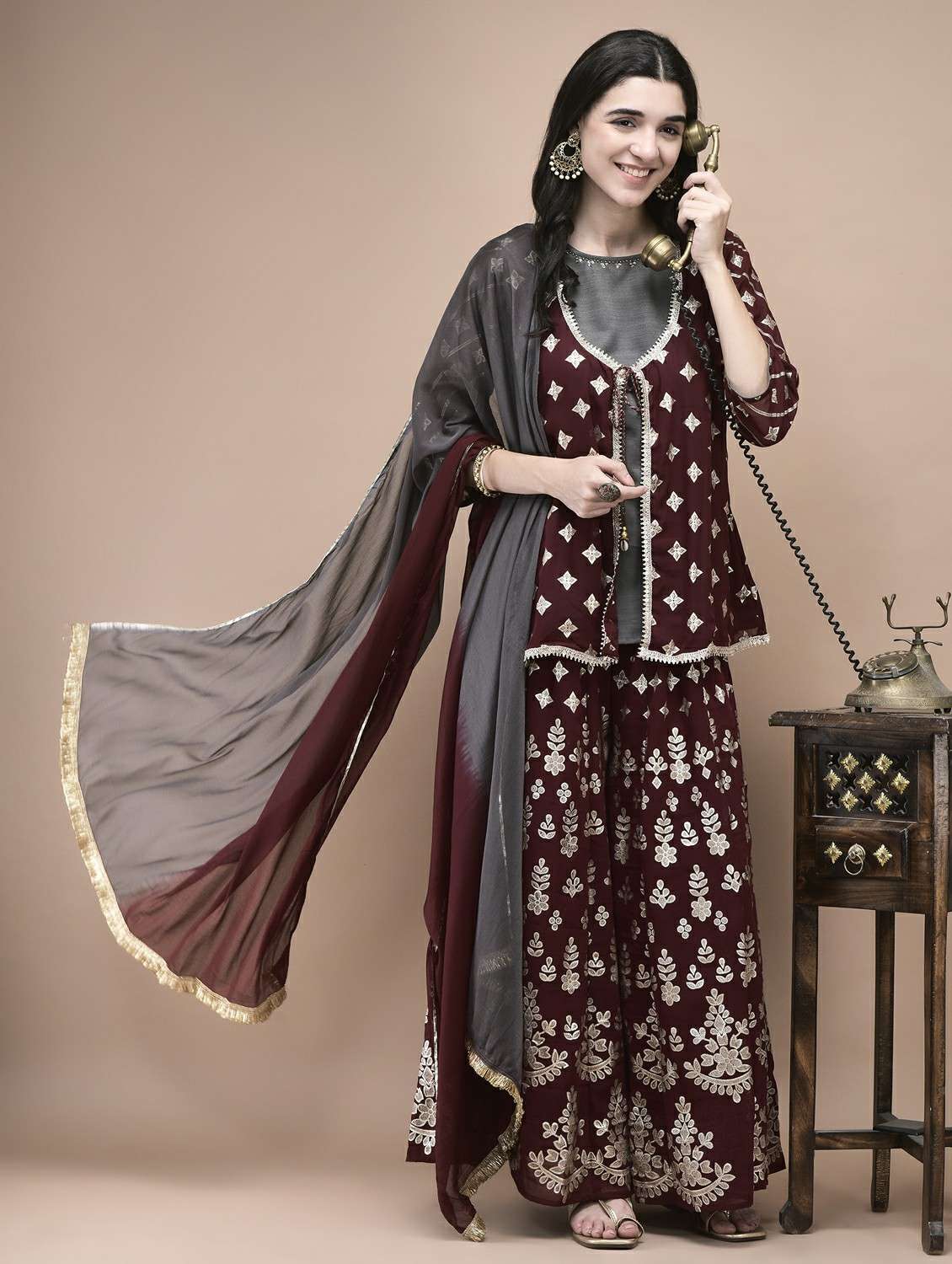 women three quarter sleeve kurta sharara with dupatta set