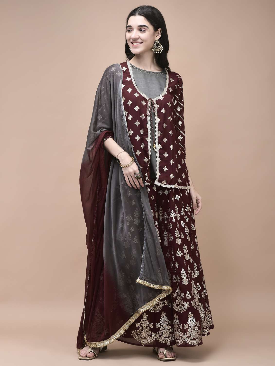 women three quarter sleeve kurta sharara with dupatta set - 21959511 -  Standard Image - 2