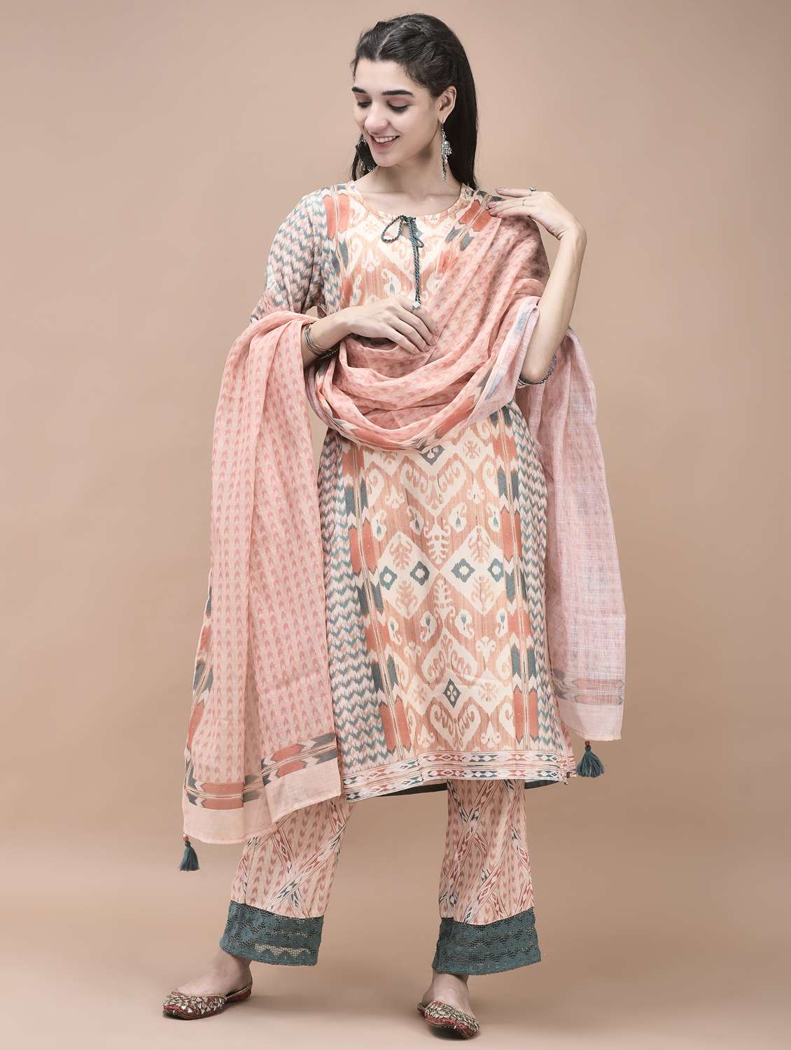 women three quarter sleeve kurta pant with dupatta set - 21959526 -  Standard Image - 2
