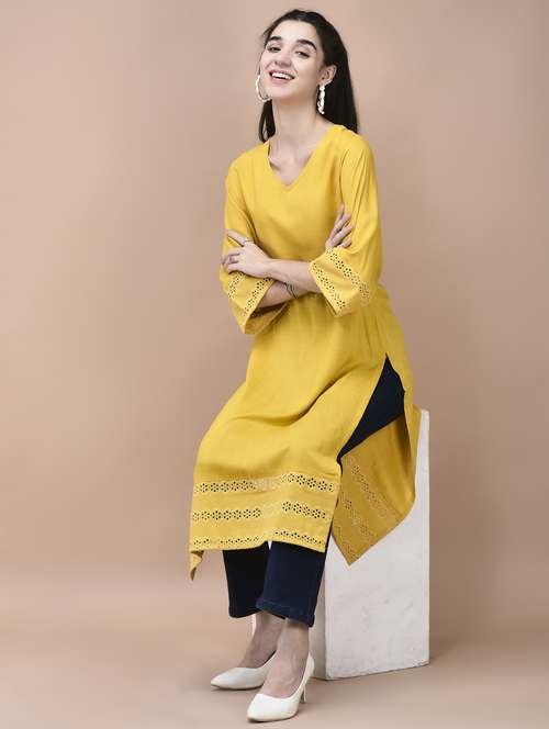 women yellow three quarter sleeve straight kurta - 21959535 -  Standard Image - 0