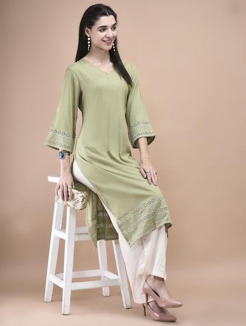 women yellow three quarter sleeve straight kurta - 21959536 -  Standard Image - 0