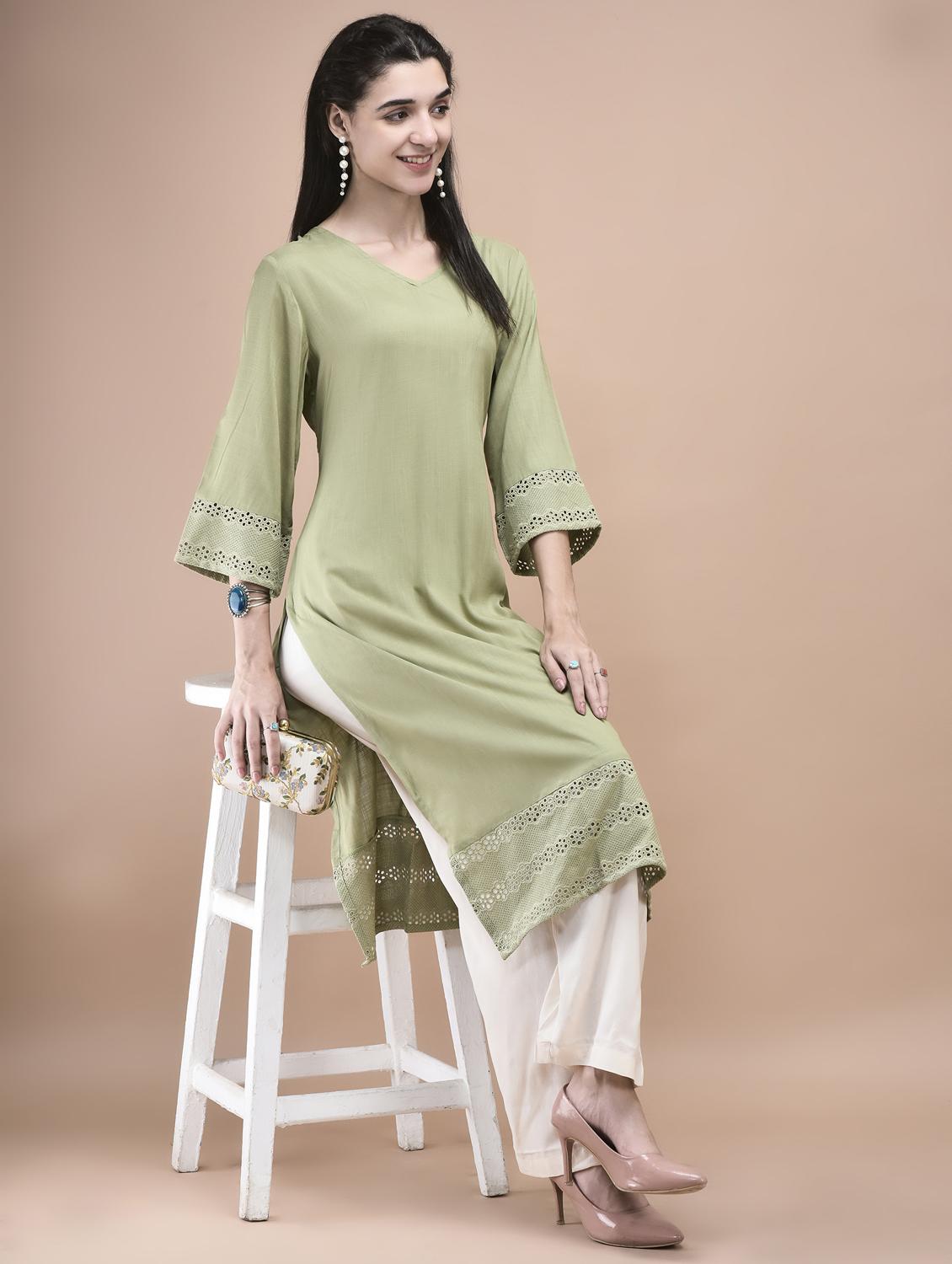 women yellow three quarter sleeve straight kurta - 21959536 -  Zoom Image - 0