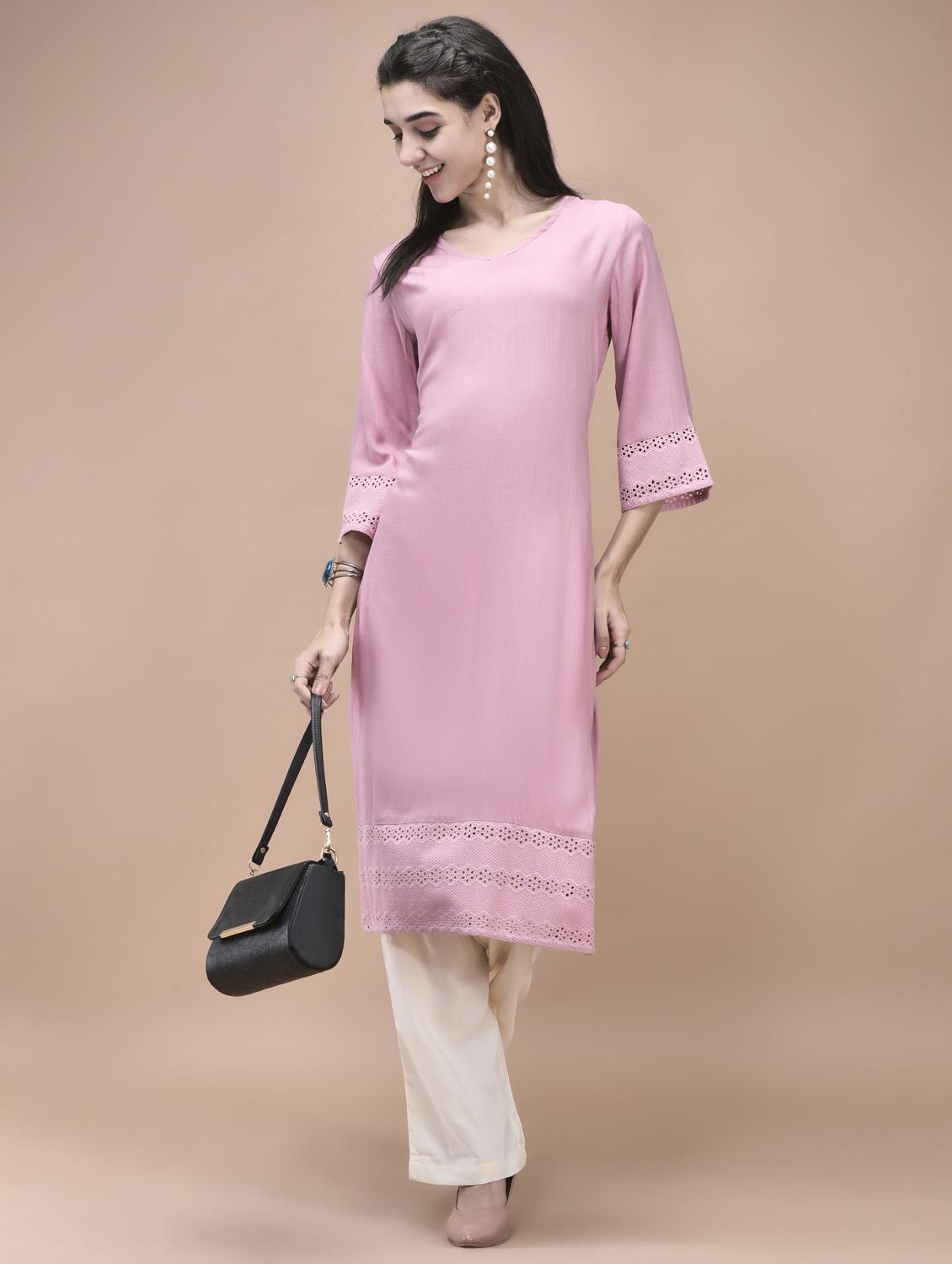 women yellow three quarter sleeve straight kurta - 21959537 -  Zoom Image - 0