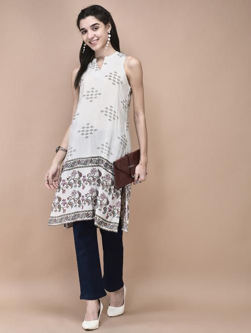 women off white printed sleeveless straight kurta - 21959538 - Standard Image - 0
