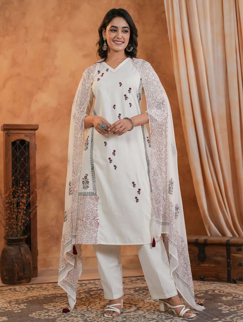 women three quarter sleeve kurta pant with dupatta set