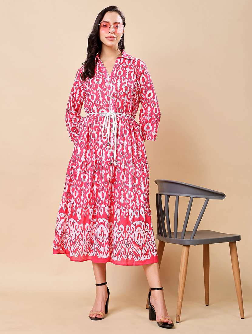 women printed collared tiered dress