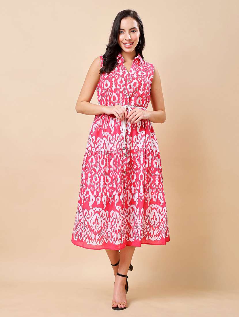 women ikat printed sleeveless tiered ethnic dress