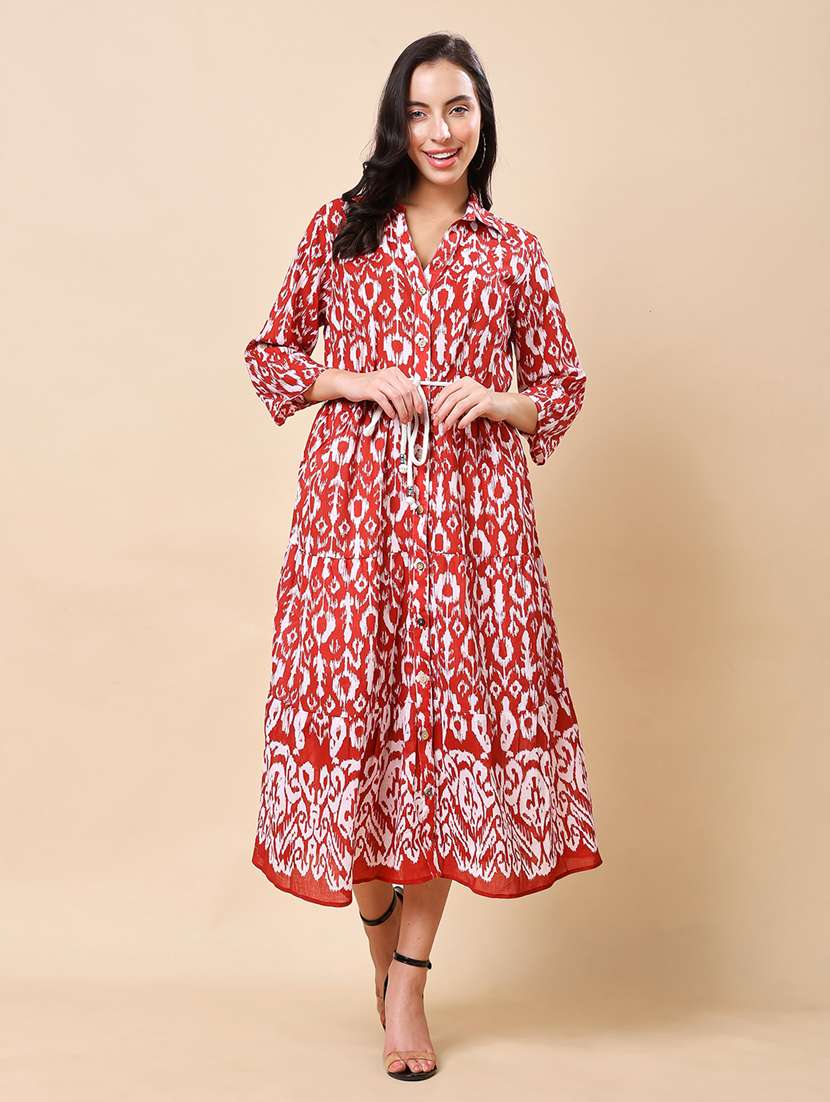 women ikat printed long sleeve tiered ethnic dress - 21959613 -  Zoom Image - 0