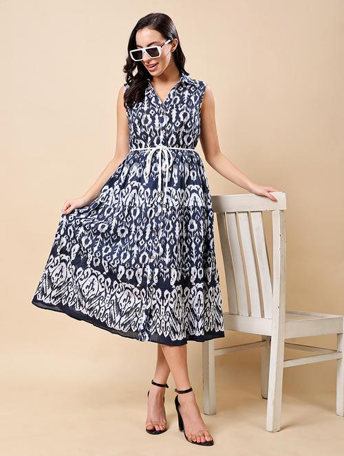 women printed collared sleeveless tiered dress - 21959615 - Standard Image - 0