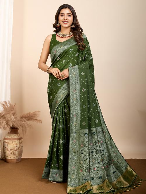 green art silk printed saree with blouse - 21960242 -  Standard Image - 0