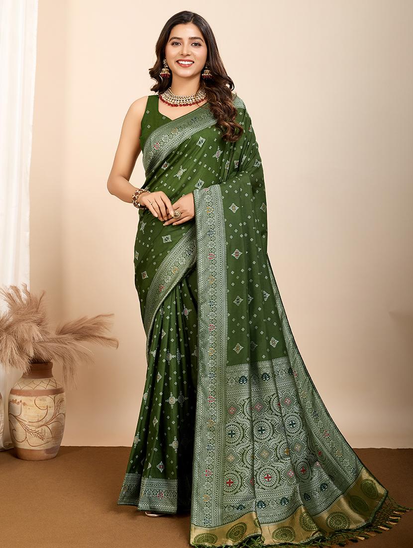 green art silk printed saree with blouse - 21960242 -  Zoom Image - 0