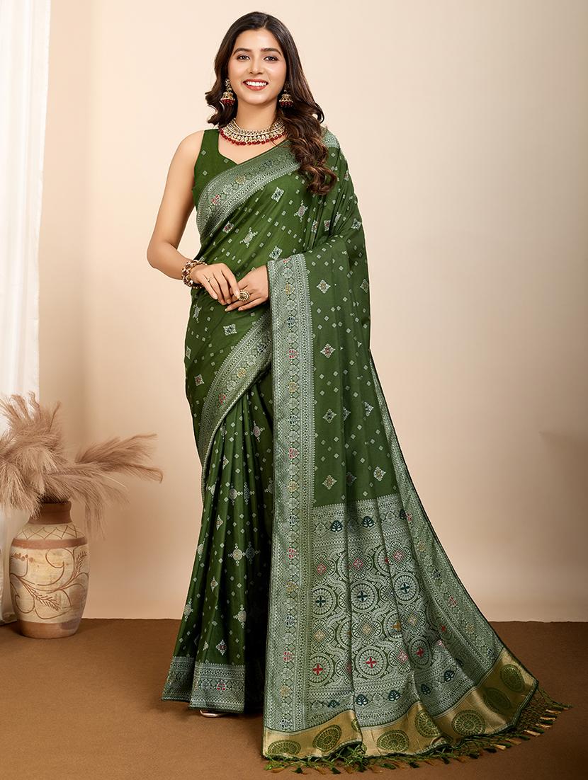 green art silk printed saree with blouse