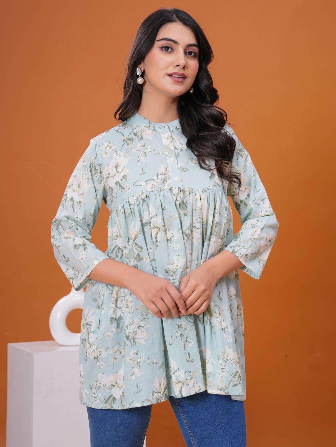 women floral three quarter sleeve peplum tunic