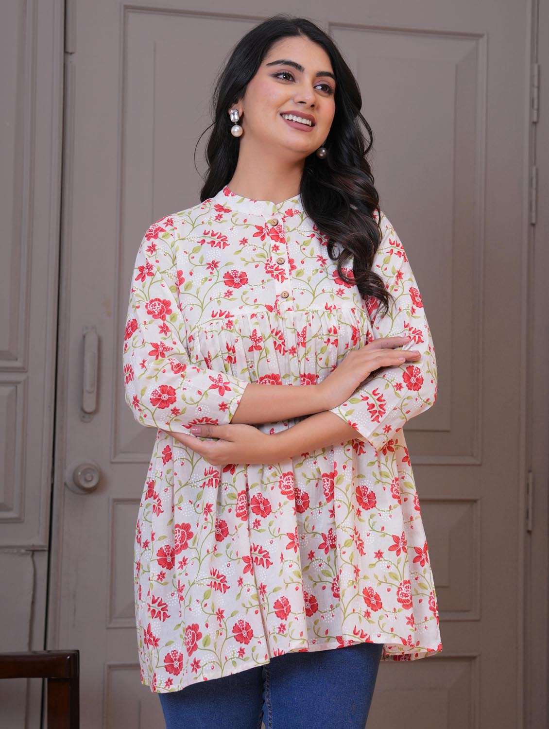 women floral three quarter sleeve peplum tunic